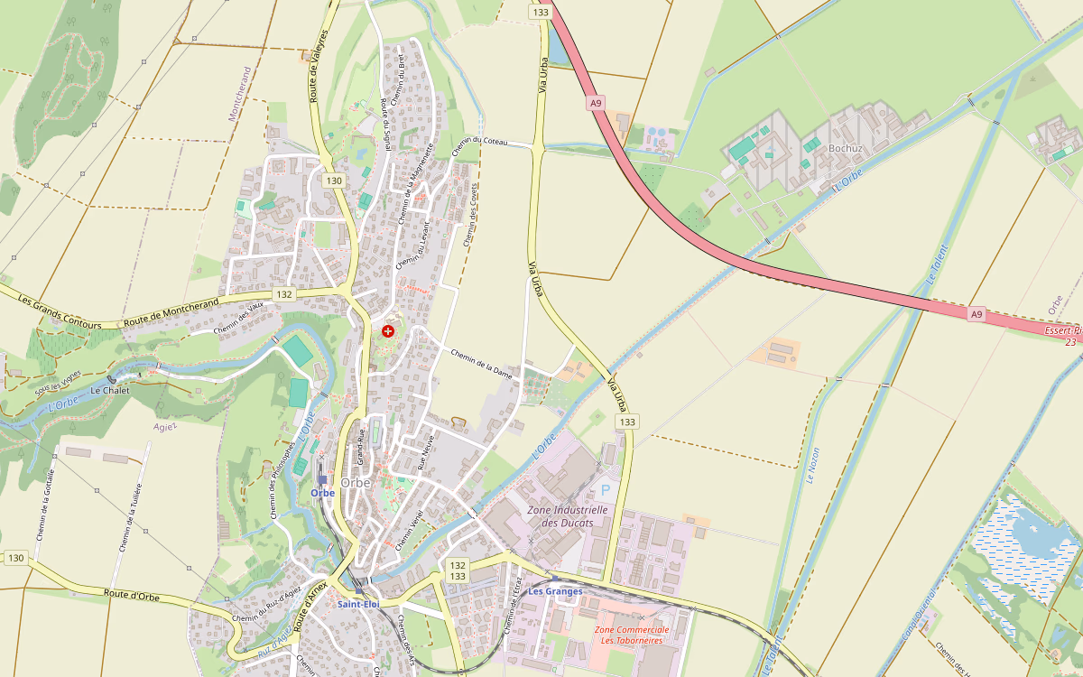 Carte d’Orbe : la Zone Industrielle des Ducats, à l’est de la ville, près de la sortie d’autoroute A9.
