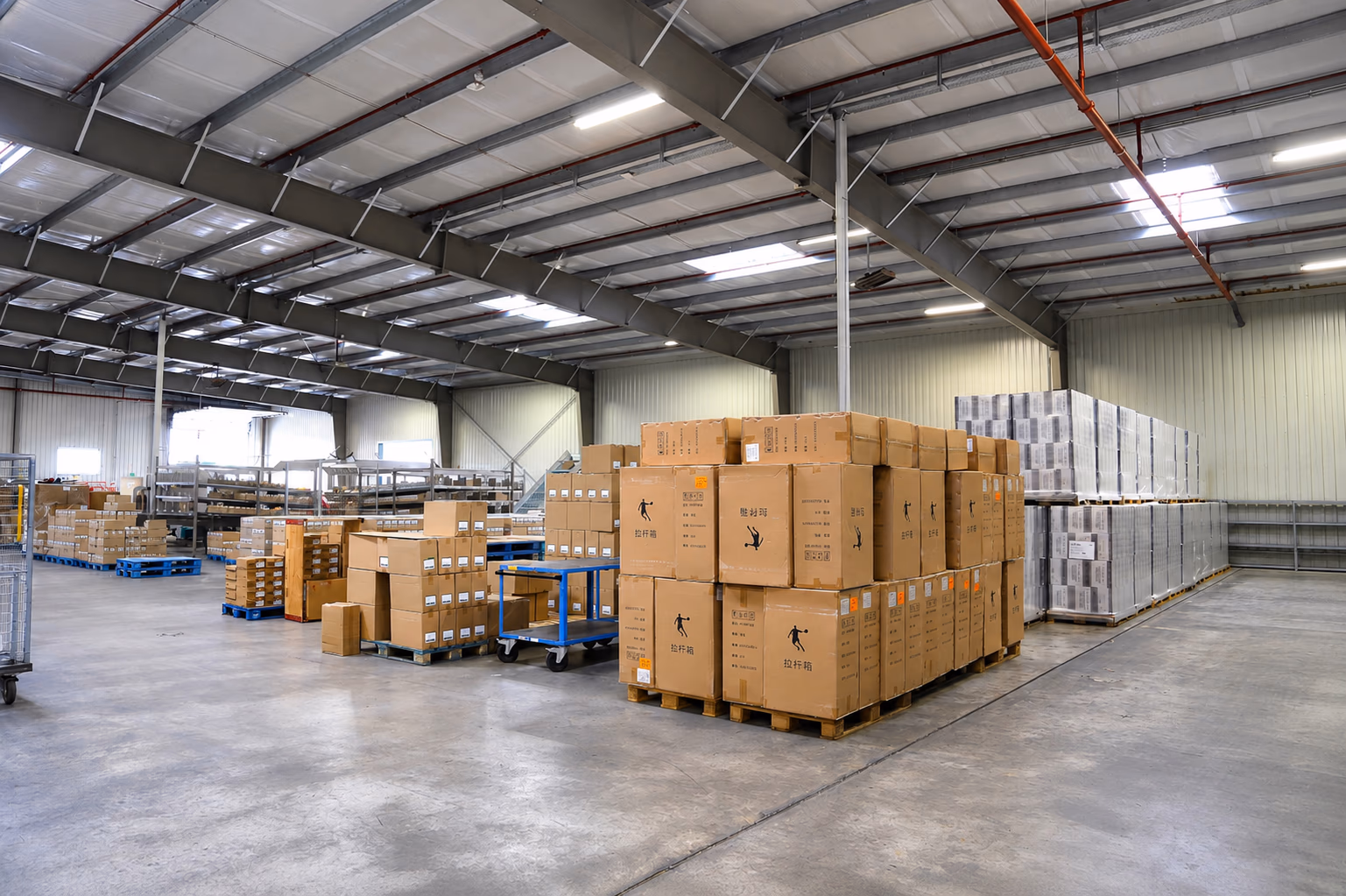 Halle de stockage, palettes et cartons disposés au sol.