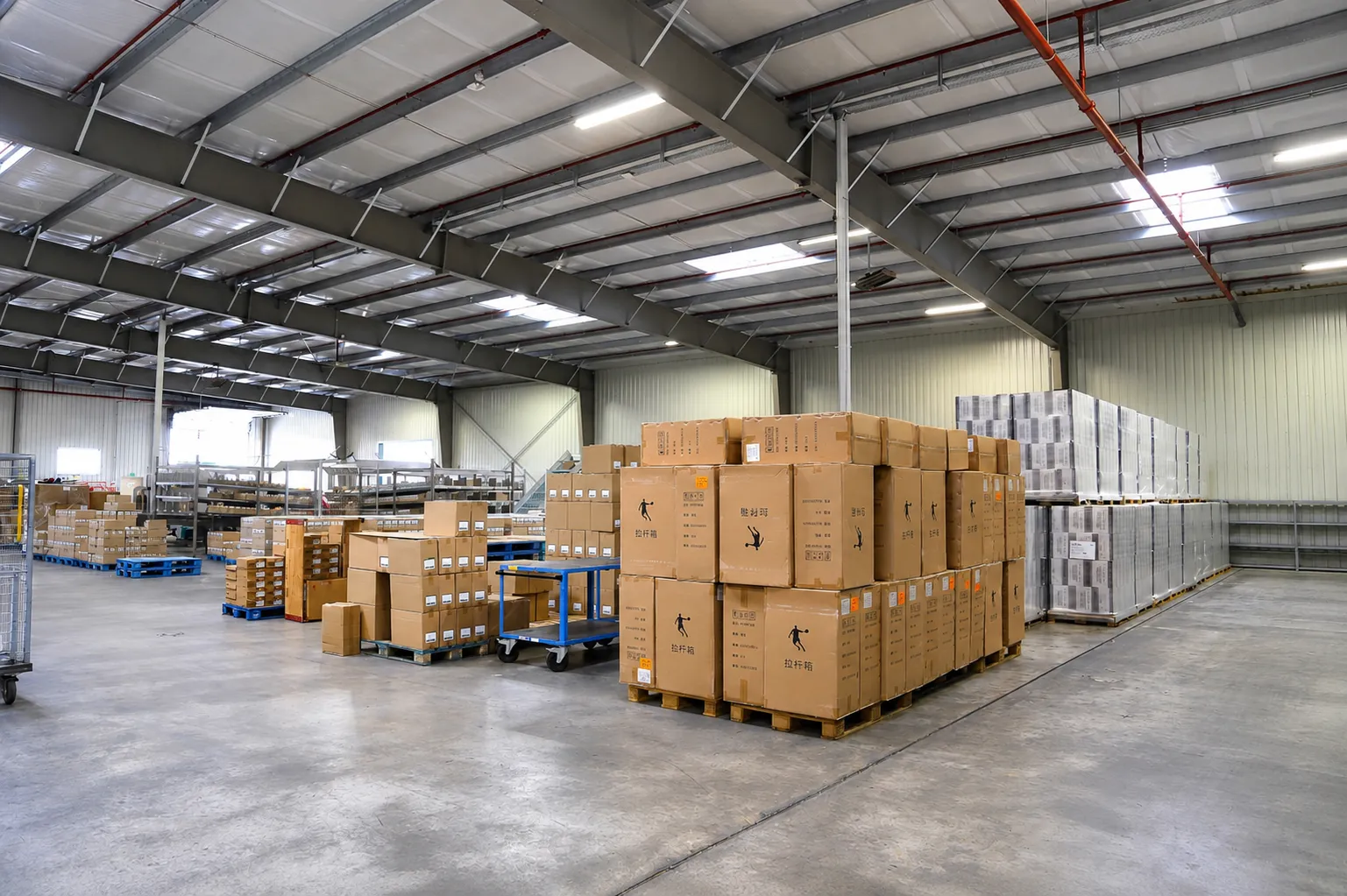 Halle de stockage à Orbe, palettes et cartons disposés au sol.