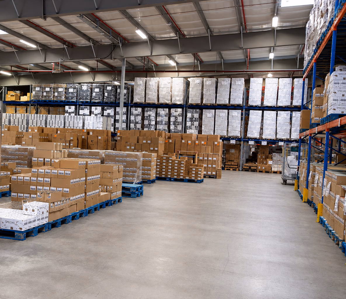 Palettes filmées et cartons en attente de préparation dans la halle.