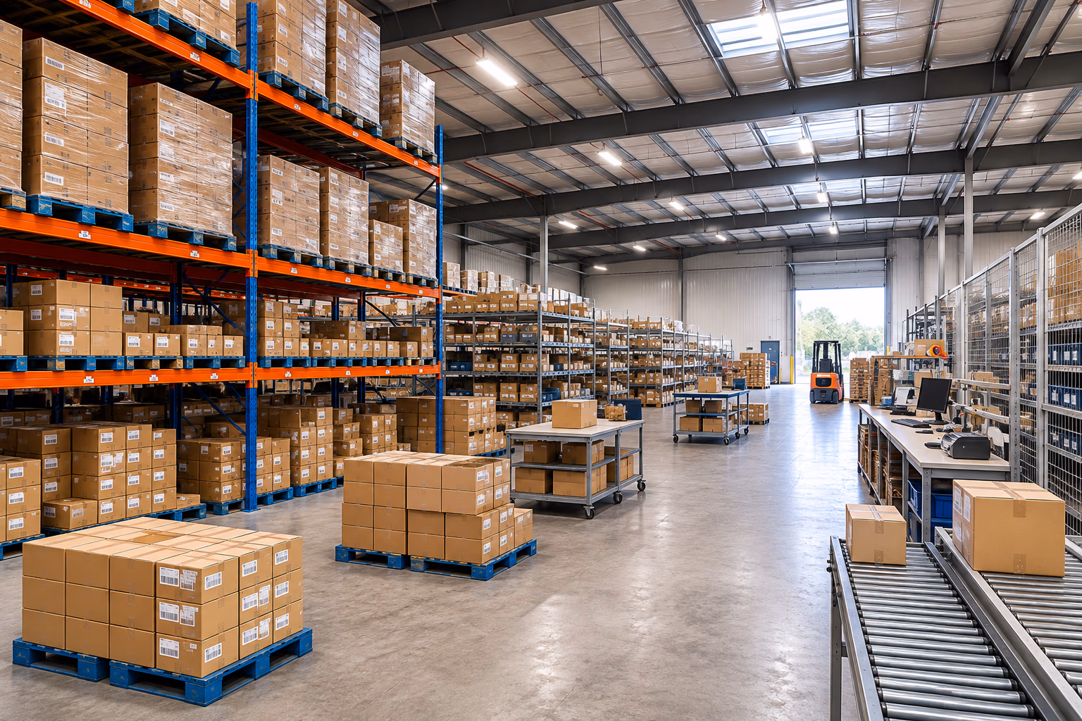 Zone de préparation de commandes, cartons prêts à être traités.